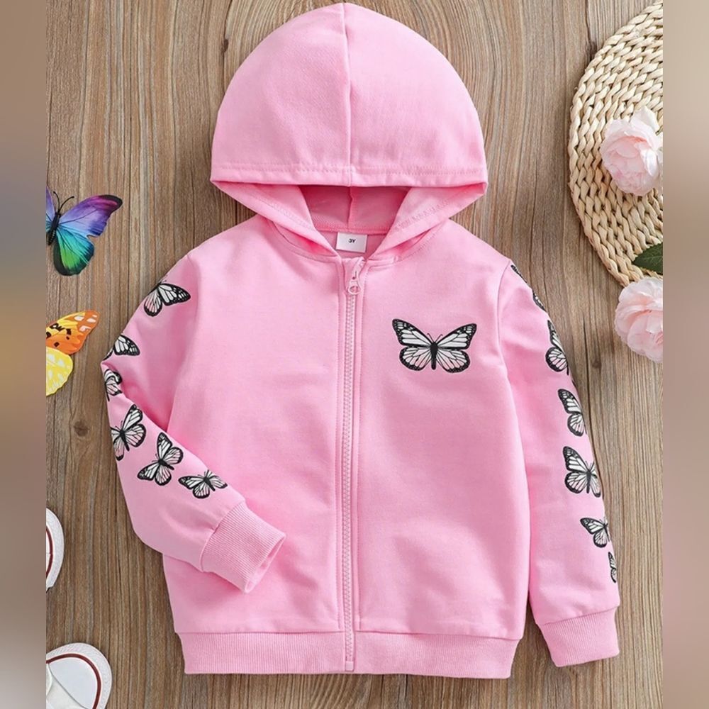 NWT Adorable Long Sleeved Butterfly Print Hooded Zip Jacket